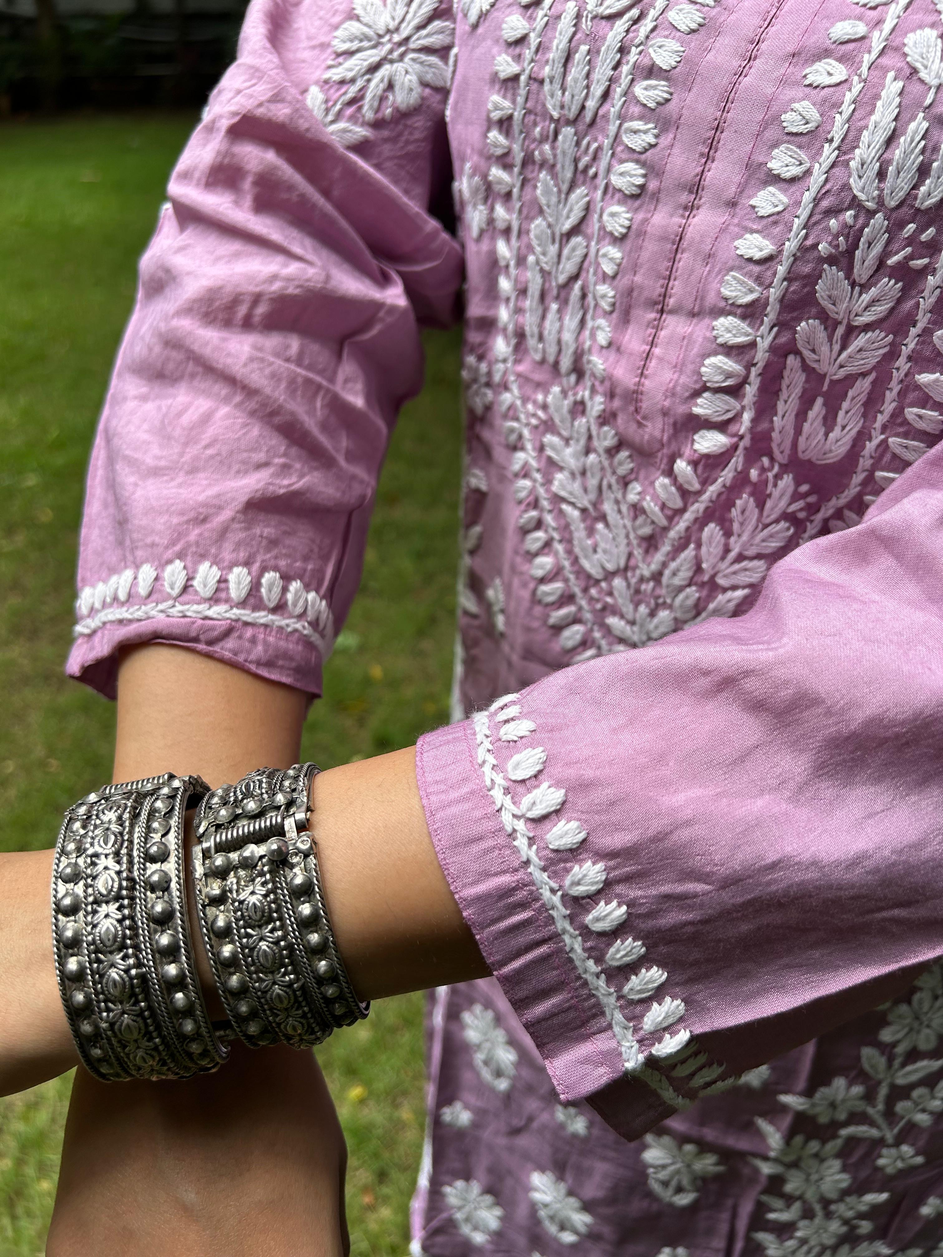 Chanderi Silk Chikankari Kurta- Mauve | Sehr Collection