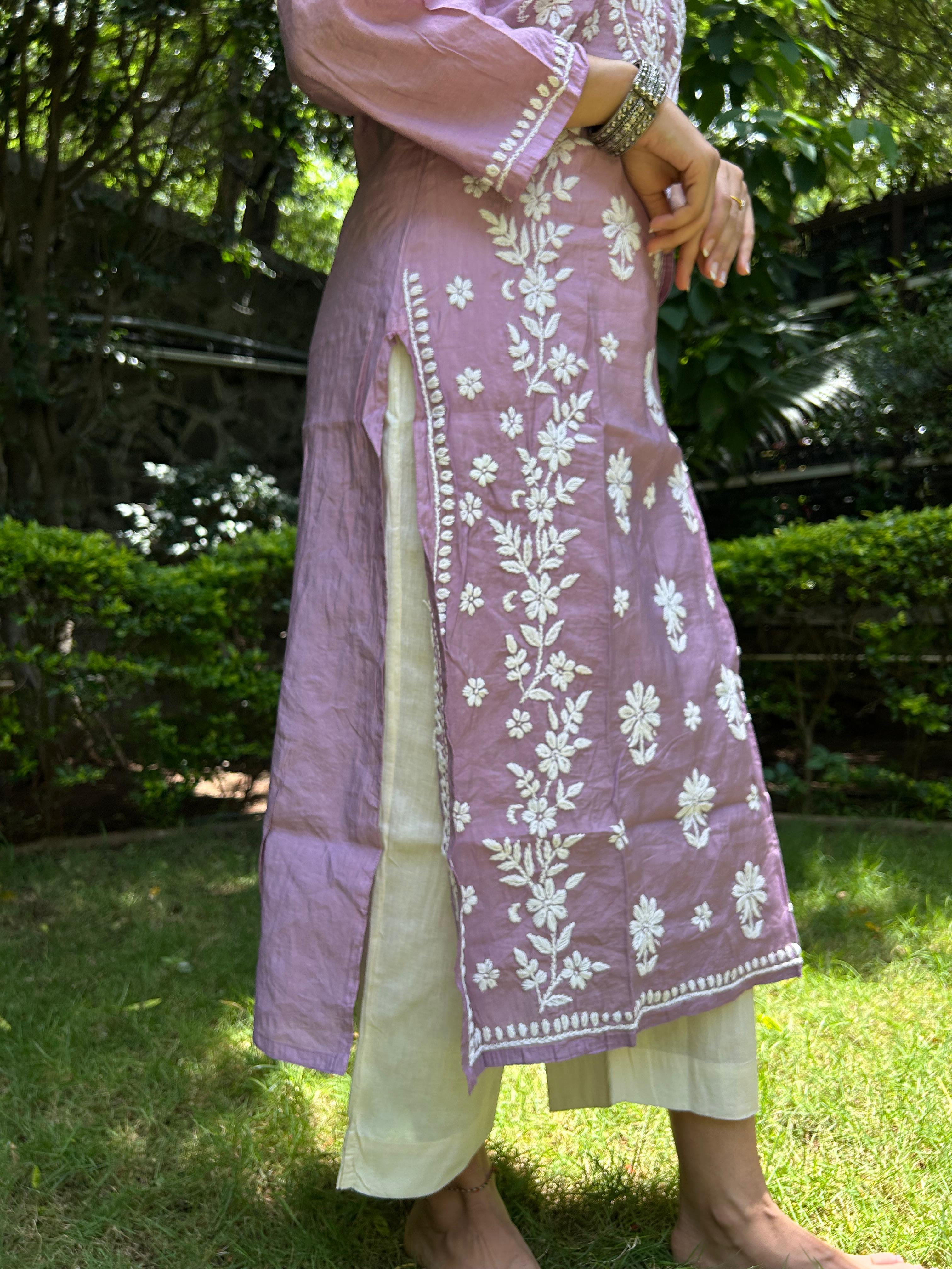 Chanderi Silk Chikankari Kurta- Mauve | Sehr Collection