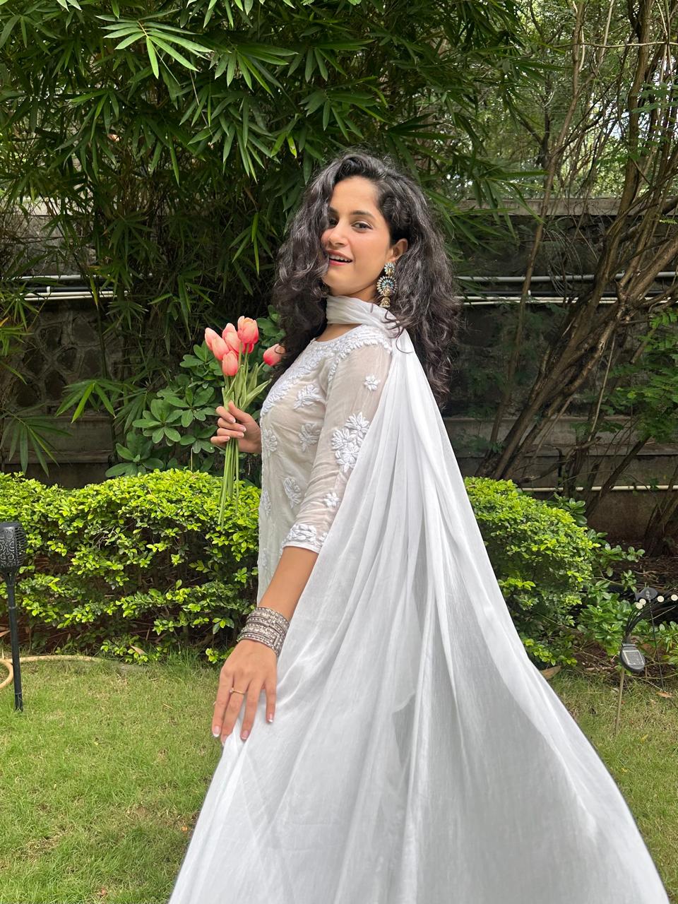 Viscose Georgette Chikankari Kurta Set - White | Noor Collection