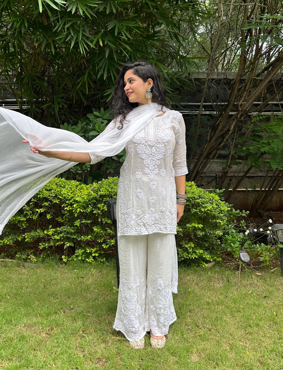 Viscose Georgette Chikankari Kurta Set - White | Noor Collection